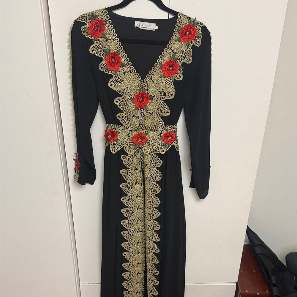 Black Long Sleeve Dress with Gold Lace and Red Floral Accents with Belt size Med
